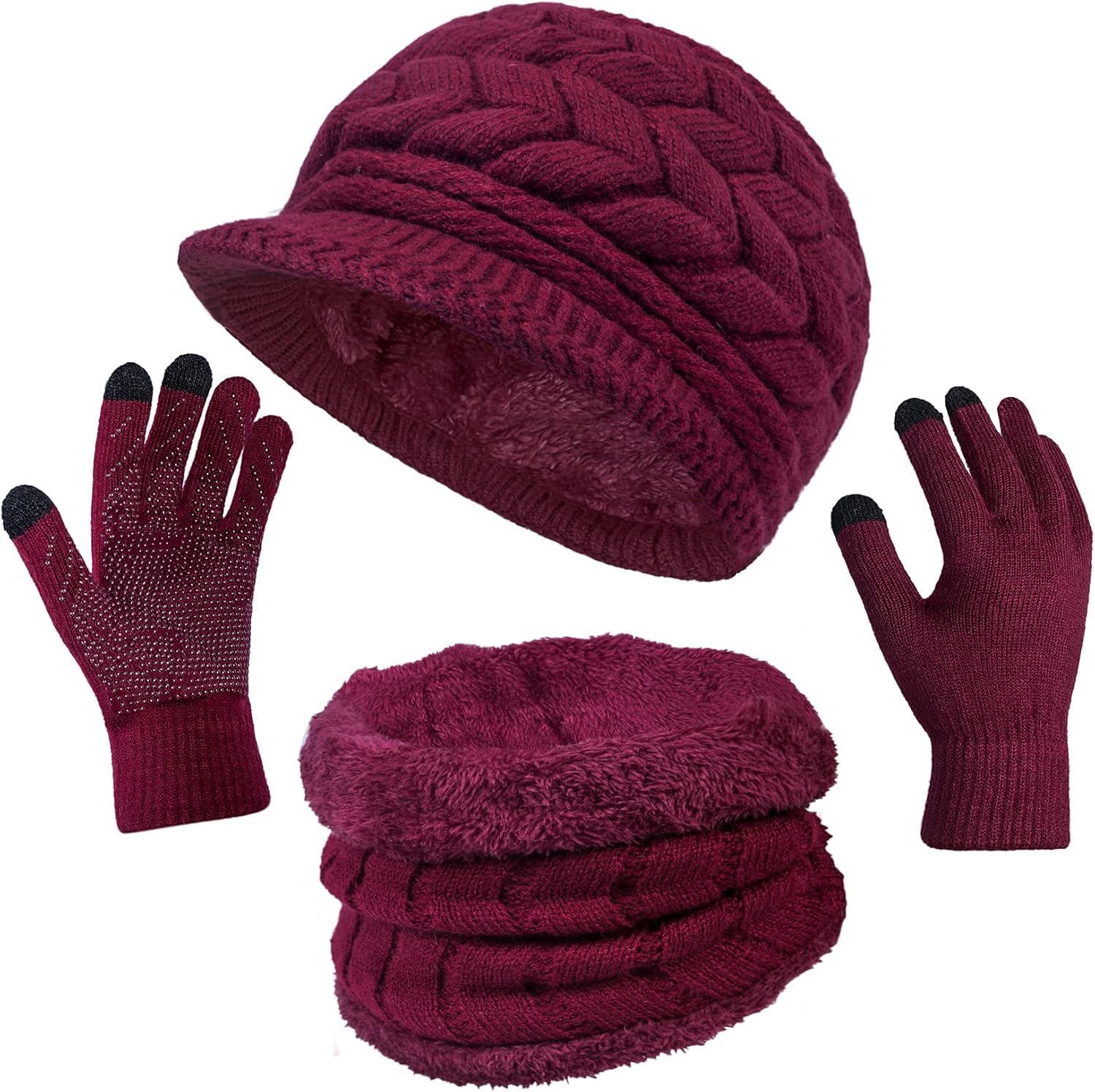 3-Pieces Winter Hat Gloves Scarf Set, Knit Warm Beanie Hat Neck Warmer Touch Screen Mittens for Women