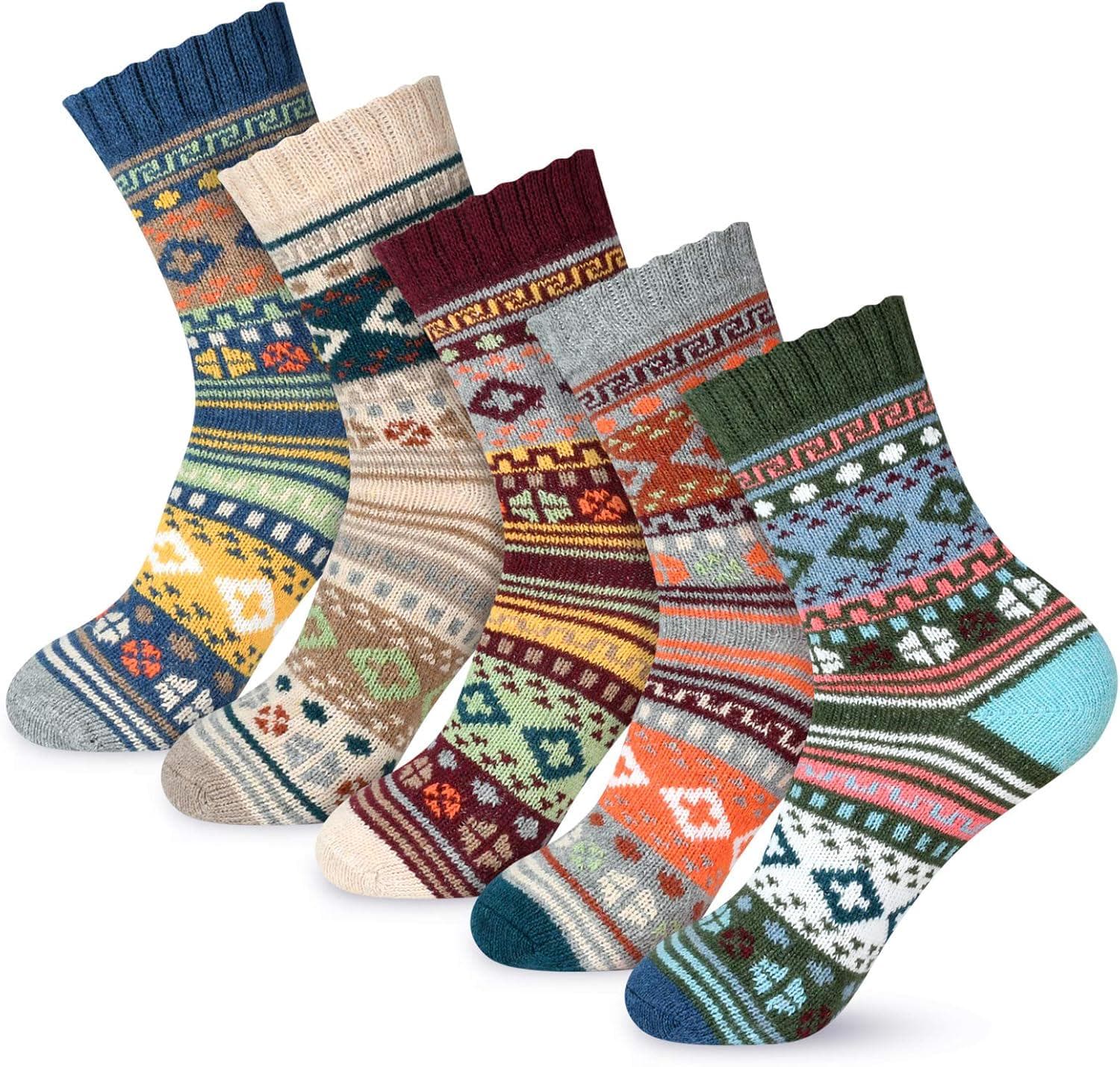besky 5 Pairs Winter Wool Socks Women, Knit Thick Wool Soft Warm and Breathable Cozy Socks for Womens