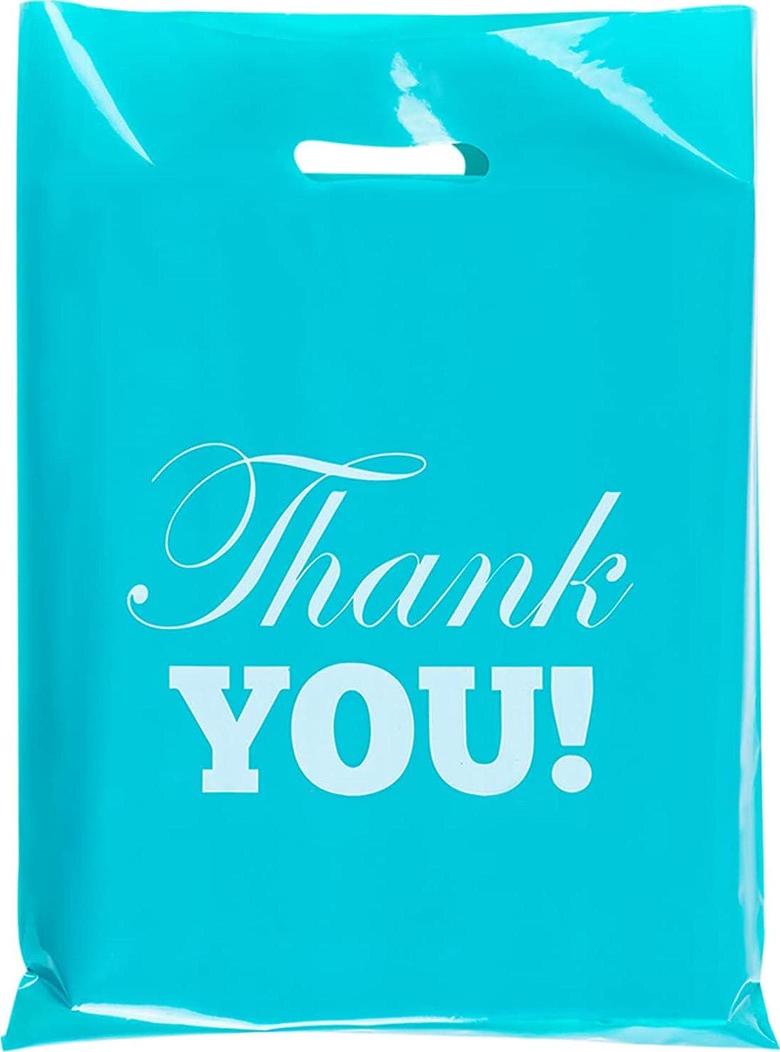 Elephant-package 50Pcs Thank You Shopping Bags for Small Business, Plastic Merchandise Bags with Die Cut Handles, for Goodie Bags, Retail, Party, Store (Small 8 x12 Turquoise)
