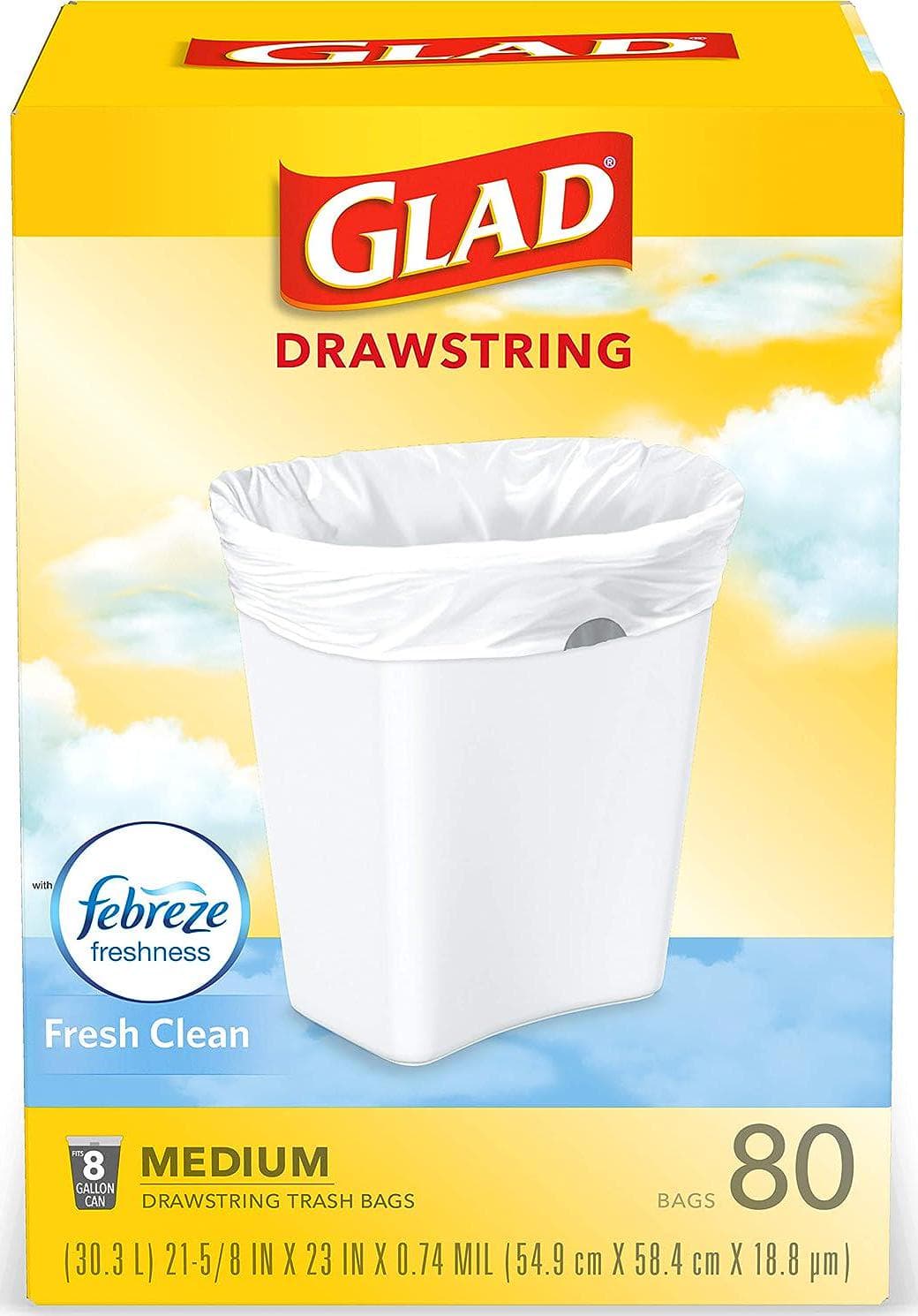 Glad Medium Kitchen Drawstring Trash Bags, 8 Gal, Fresh Clean Scent, 80 Ct (Package May Vary)