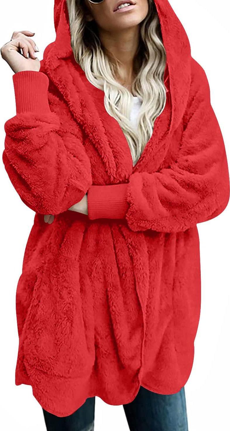 LONGYUAN Women’s Fleece Jacket Fuzzy Hooded Winter Casual Coats 2025 Cardigan Sweaters with Pokets