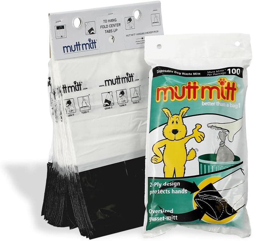 Mutt Mitt New Listing, Same 100 White and Black 2-Ply Dog Waste Bags on 1 Dog Waste Bag Station Header – 300% Thicker than mini roll dog waste bags – no more warm and yuck feeling