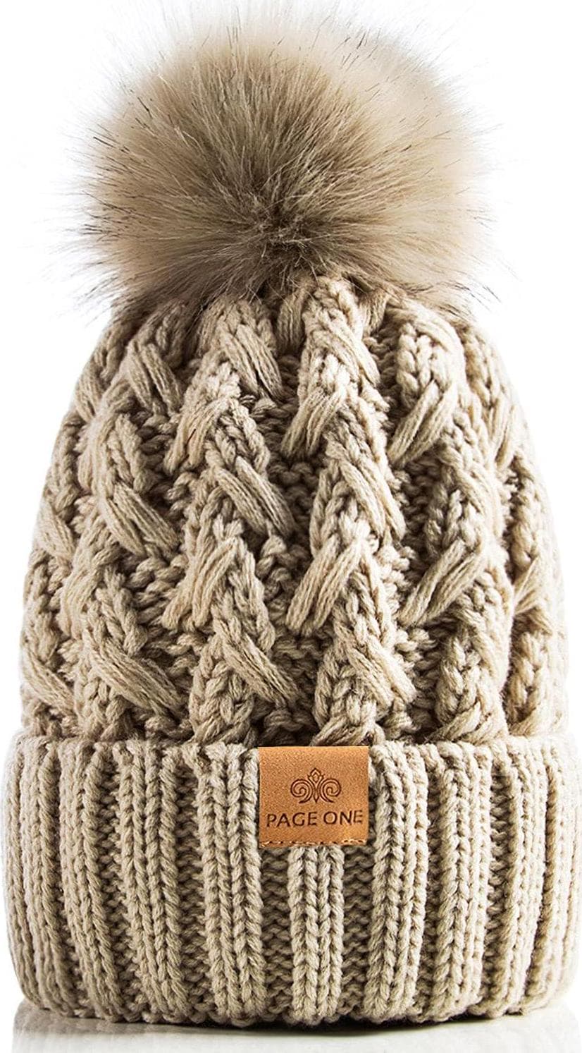 PAGE ONE Womens Winter Ribbed Beanie Crossed Cap Chunky Cable Knit Pompom Soft Warm Hat