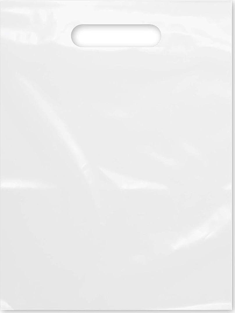 Purple Q Crafts Plastic Bag With Die Cut Handle 9 x 12 White Merchandise Bags 100 Pack for Retail, Gifts, Trade Show and More