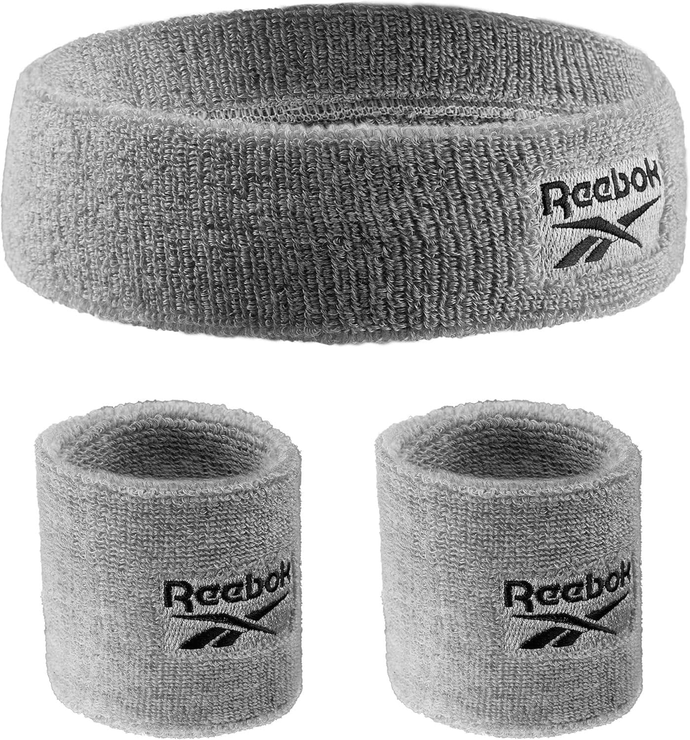 Reebok 3pc Unisex Athletic Sweatband Set – Workout Headband and Wristbands w/Stay Dry Technology, Terry Cloth Band Moisture-Wicking Fabric