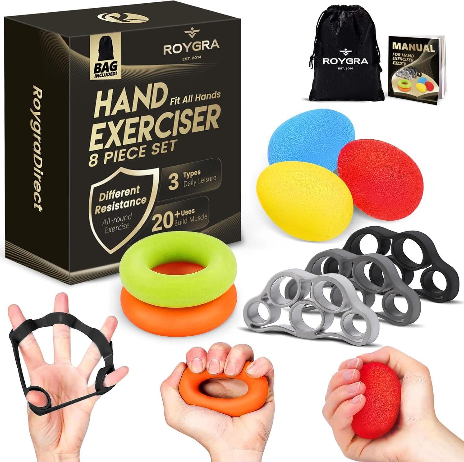 roygra Hand Grip Strengthener, Finger Exerciser, Multiple Resistance Levels Kit – 3 Types, Set of 8