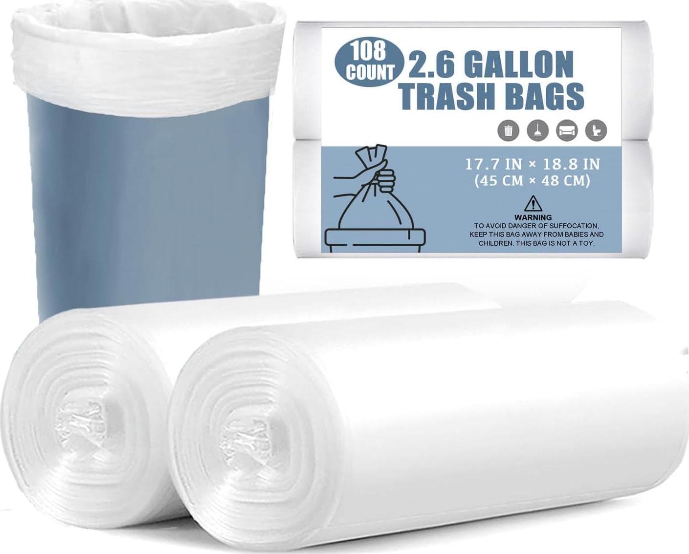 Small Trash Bags – 108 Count 2.6 Gallon Trash Bags Bathroom Trash Bags, Small Garbage Bags for Office Bedroom Kitchen, White 2.6 Gal Small Trash Can Liners