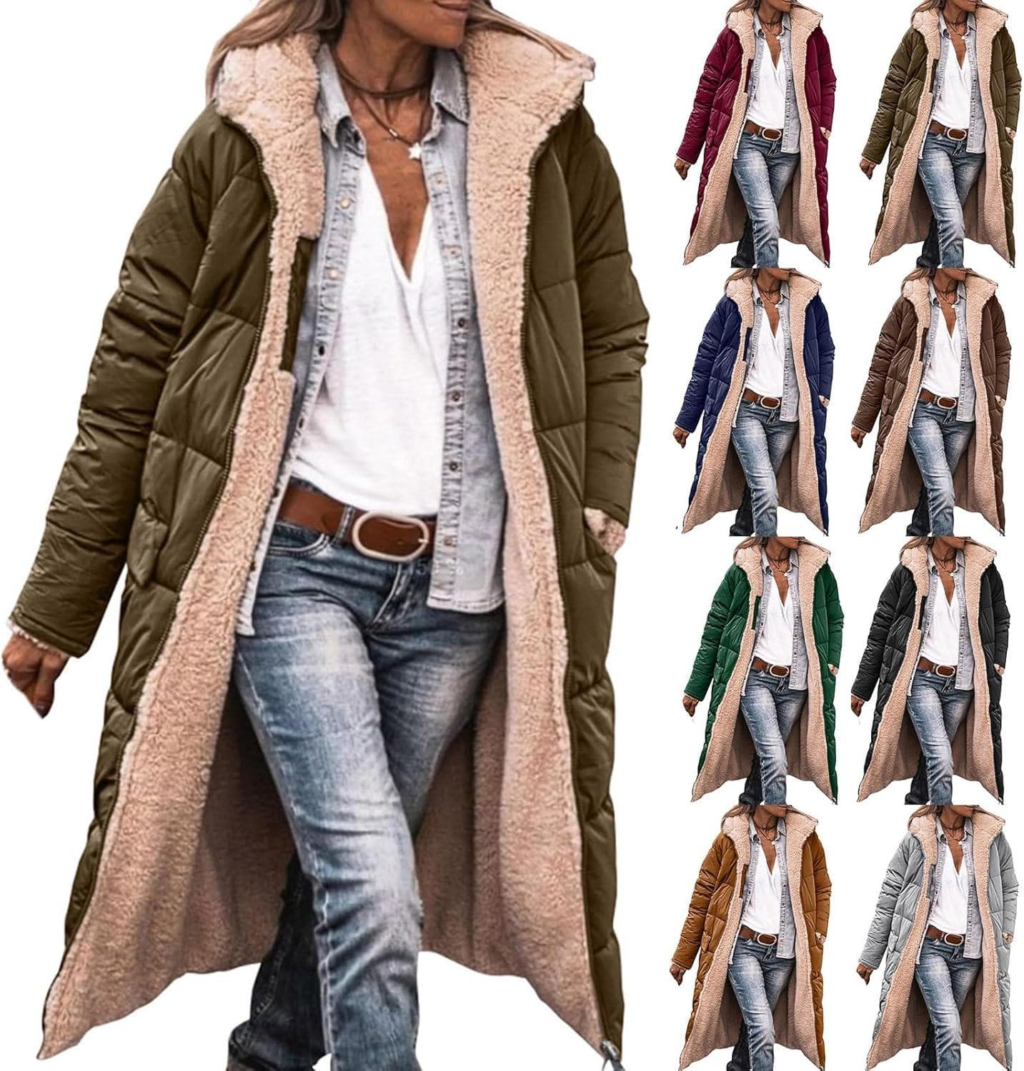 Women’s Sherpa Fleece Lined Long Jackets Shearling Reversible Overcoats Winter Puffer Coats Hood Zip Outerwears